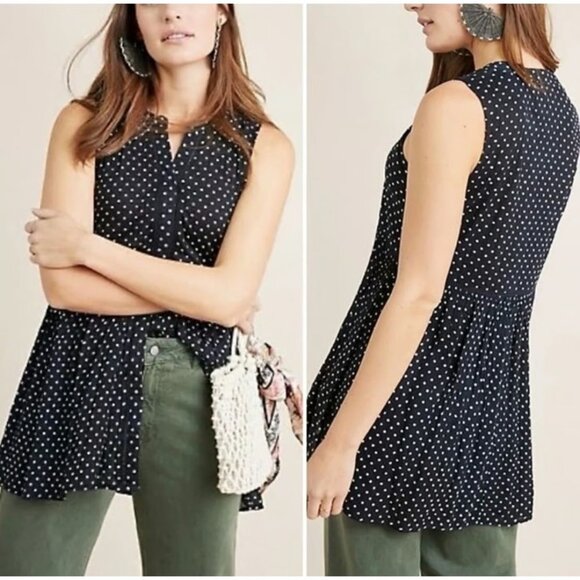 ANTHROPOLOGIE Nia Button Front Polka Dot Tunic Top in Navy - Size M - Picture 1 of 10